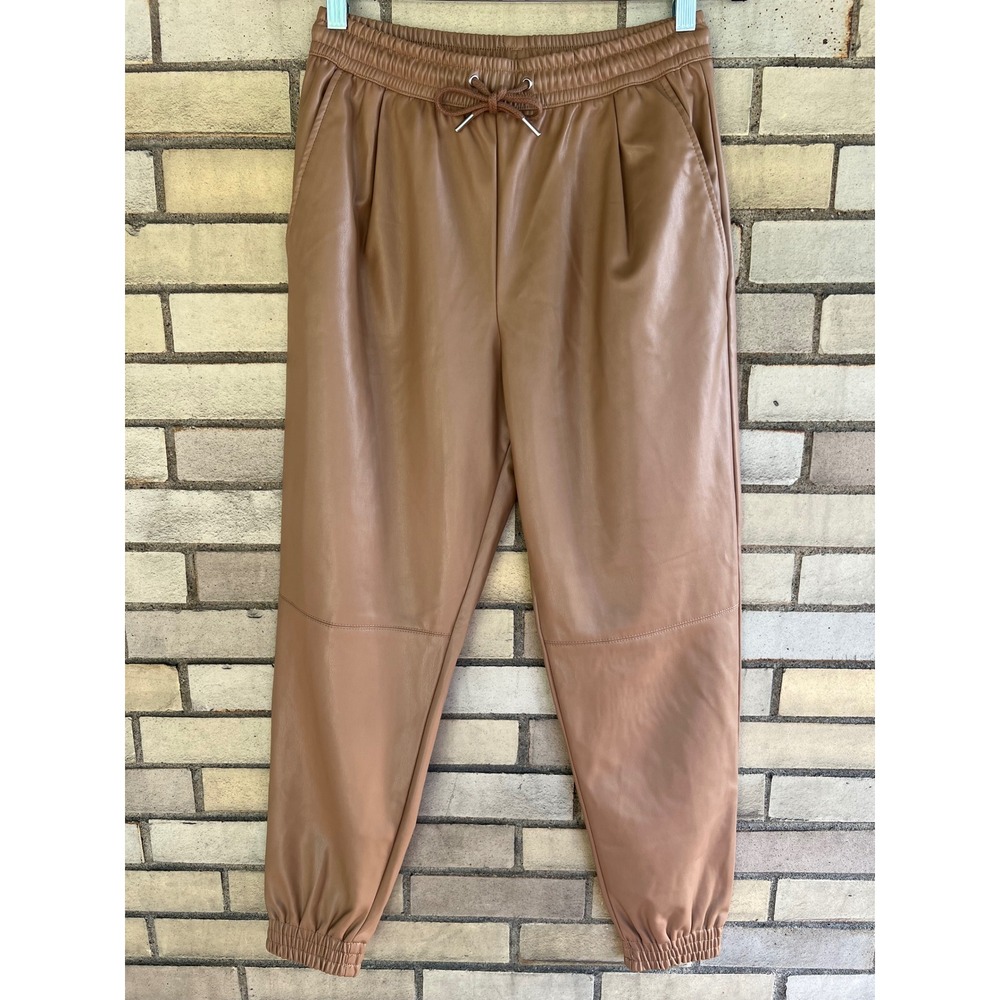 Zara Tan Faux Leather Jogger Pants Elastic Drawstring Waist Size XS Brown